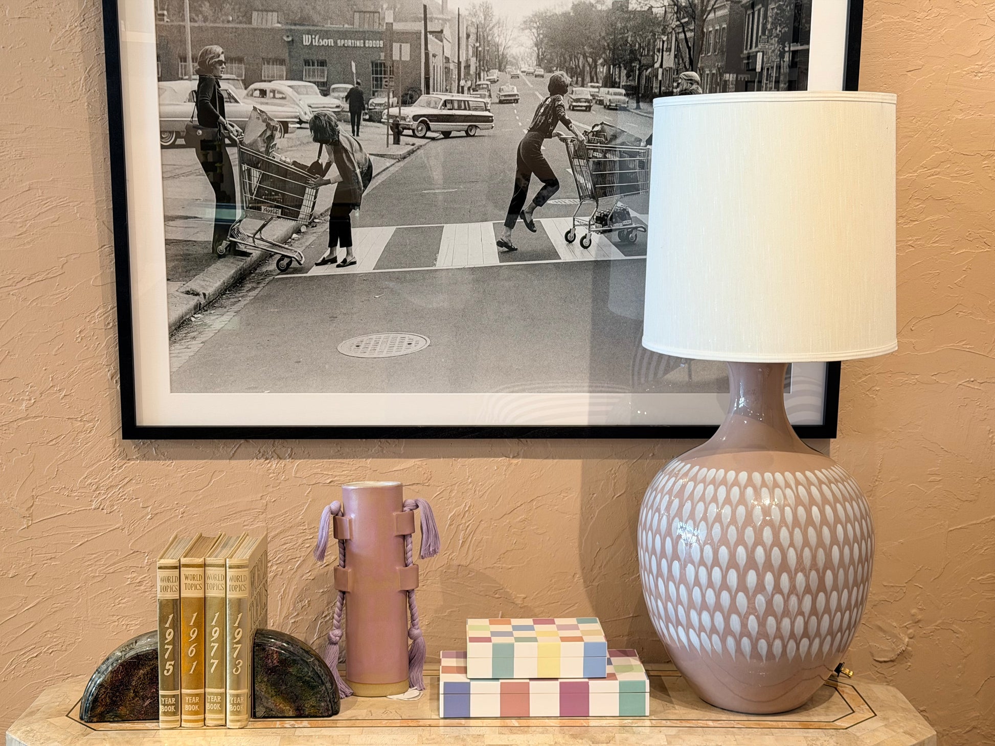 Dusty lavender 70’s lamp by The Vault Creative with a vintage design and warm light, perfect for retro-style decor.