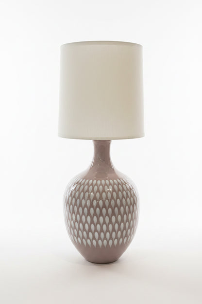 Dusty lavender 70s-style lamp by The Vault Creative with a retro design and modern finish, shown on a wooden surface.