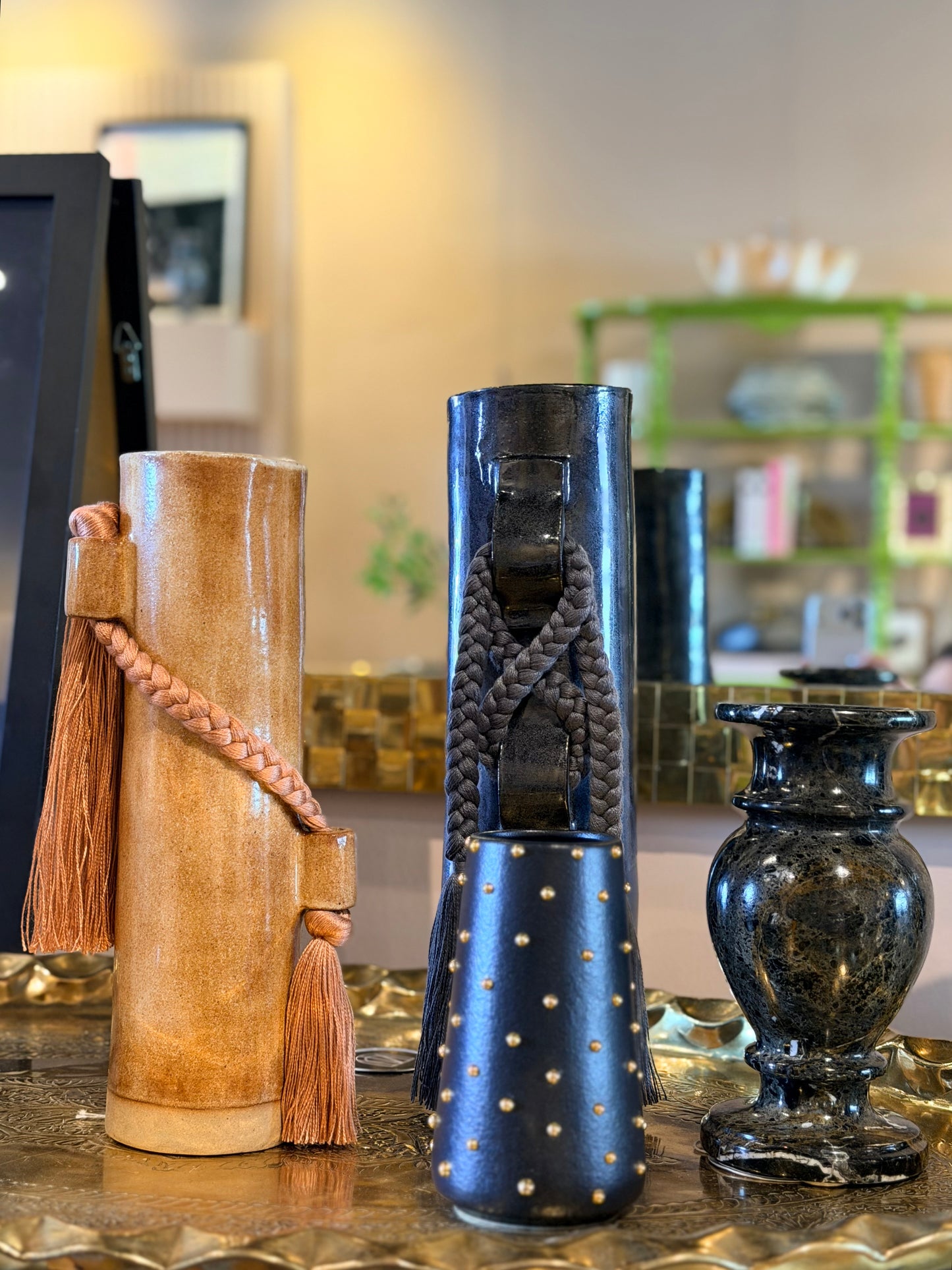 Black Karen Tinney Criss Cross Vase by Ozmun Home featuring a modern, textured ceramic design with criss cross pattern.