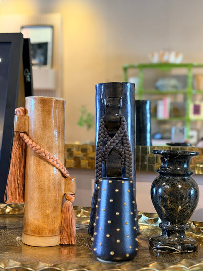 Black Karen Tinney Criss Cross Vase by Ozmun Home featuring a modern, textured ceramic design with criss cross pattern.