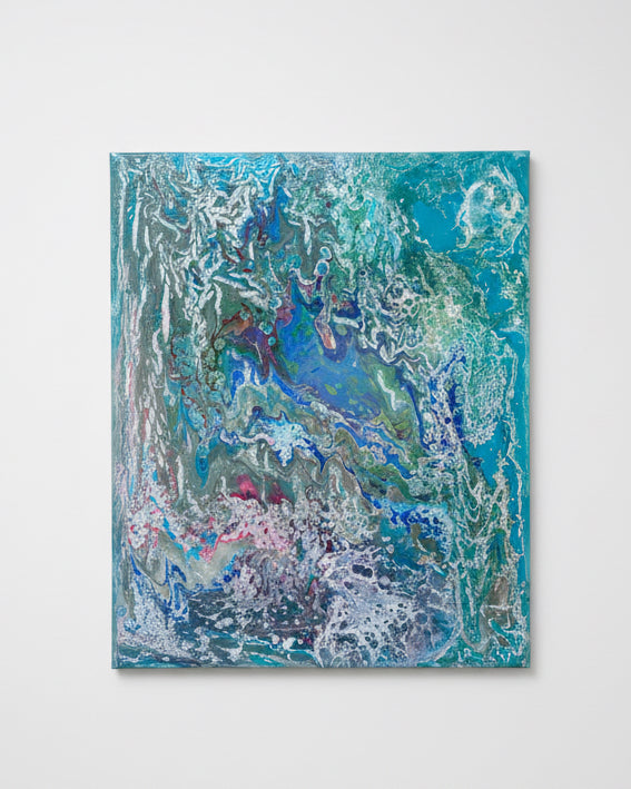 Ocean Swirl abstract painting by The Vault Creative featuring vibrant blue and teal waves with swirling patterns on canvas.