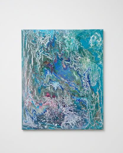 Ocean Swirl abstract painting by The Vault Creative featuring vibrant blue and teal waves with swirling patterns on canvas.