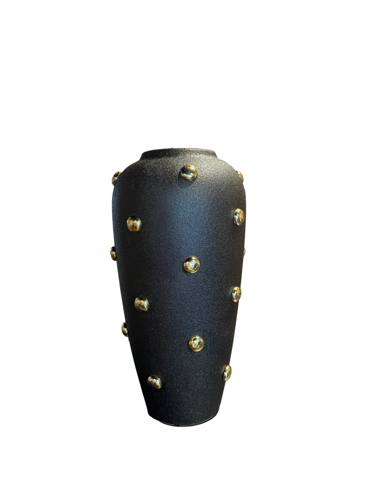 Black and gold 13-inch vase by P. Grunsfeld for The Vault Creative, featuring a sleek, modern design with a glossy finish.
