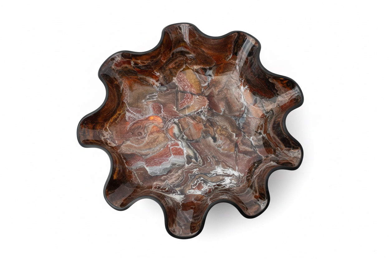 Big brown gemstone resin bowl by The Vault Creative, showcasing a smooth, polished surface and intricate gemstone-inspired design.