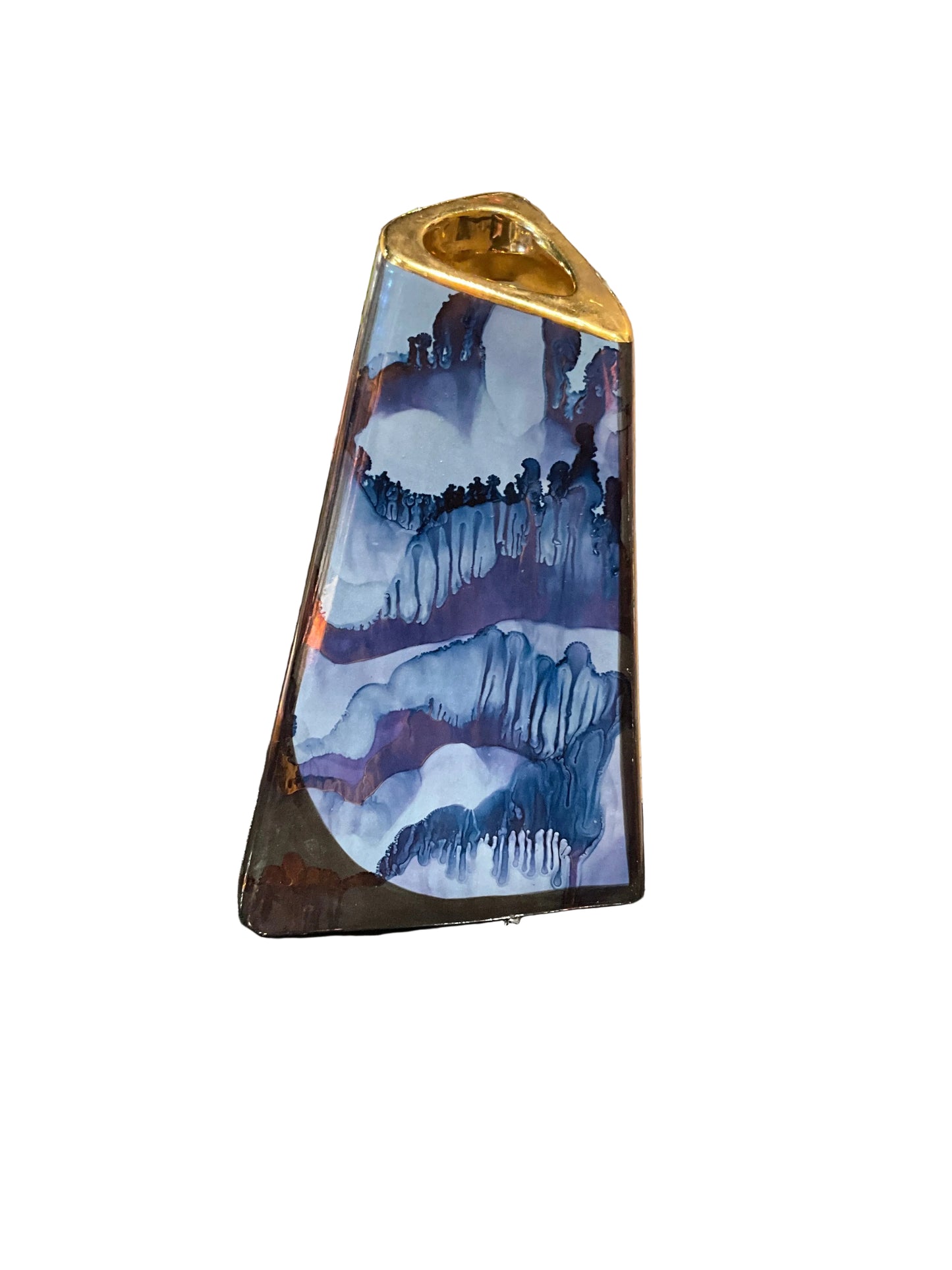 Purple, blue, and gold decorative vase by The Vault Creative with intricate patterns and glossy finish.