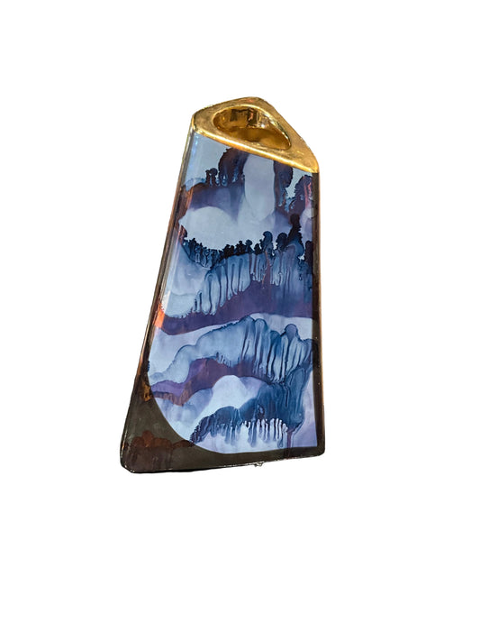 Purple, blue, and gold ceramic vase by The Vault Creative with a glossy finish and intricate design.