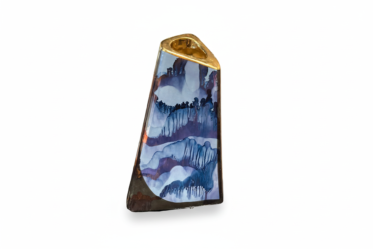 Purple, blue, and gold decorative vase by The Vault Creative, featuring a glossy finish and intricate design.