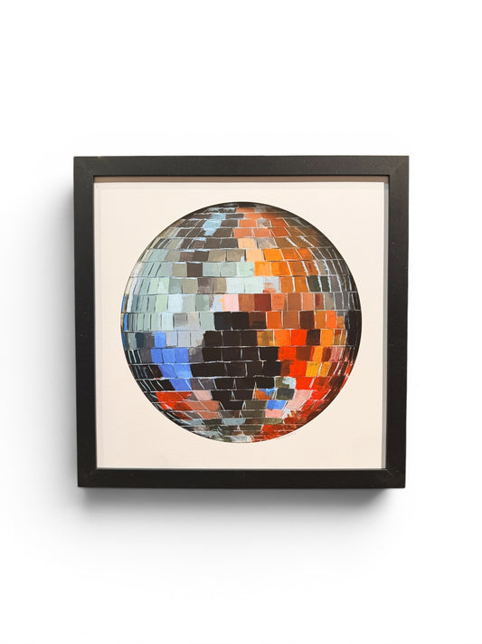 Hand painted disco ball art print by Stone Textile Studio featuring vibrant, reflective disco ball design on textured paper.