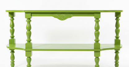 Acid green 70’s style casepiece cabinet by The Vault Creative with sleek, vintage-inspired design and wooden legs.