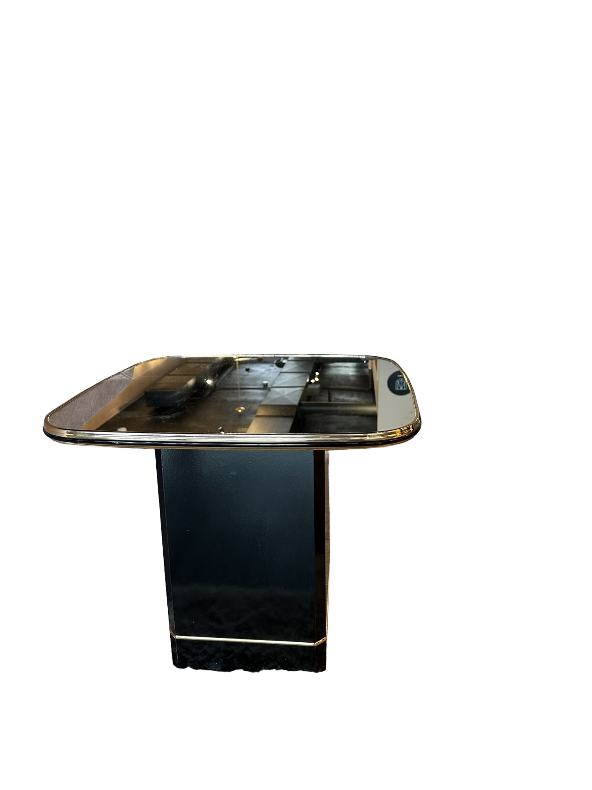 Pair of Post Mod Mirrored Side Tables by The Vault Creative with sleek, reflective surfaces and modern design.