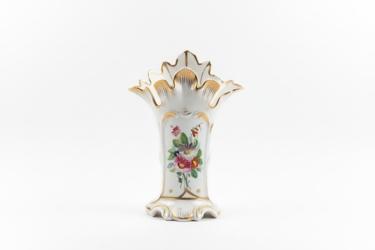 French flower vase by The Vault Creative, featuring a classic ceramic design with a narrow neck and floral pattern.
