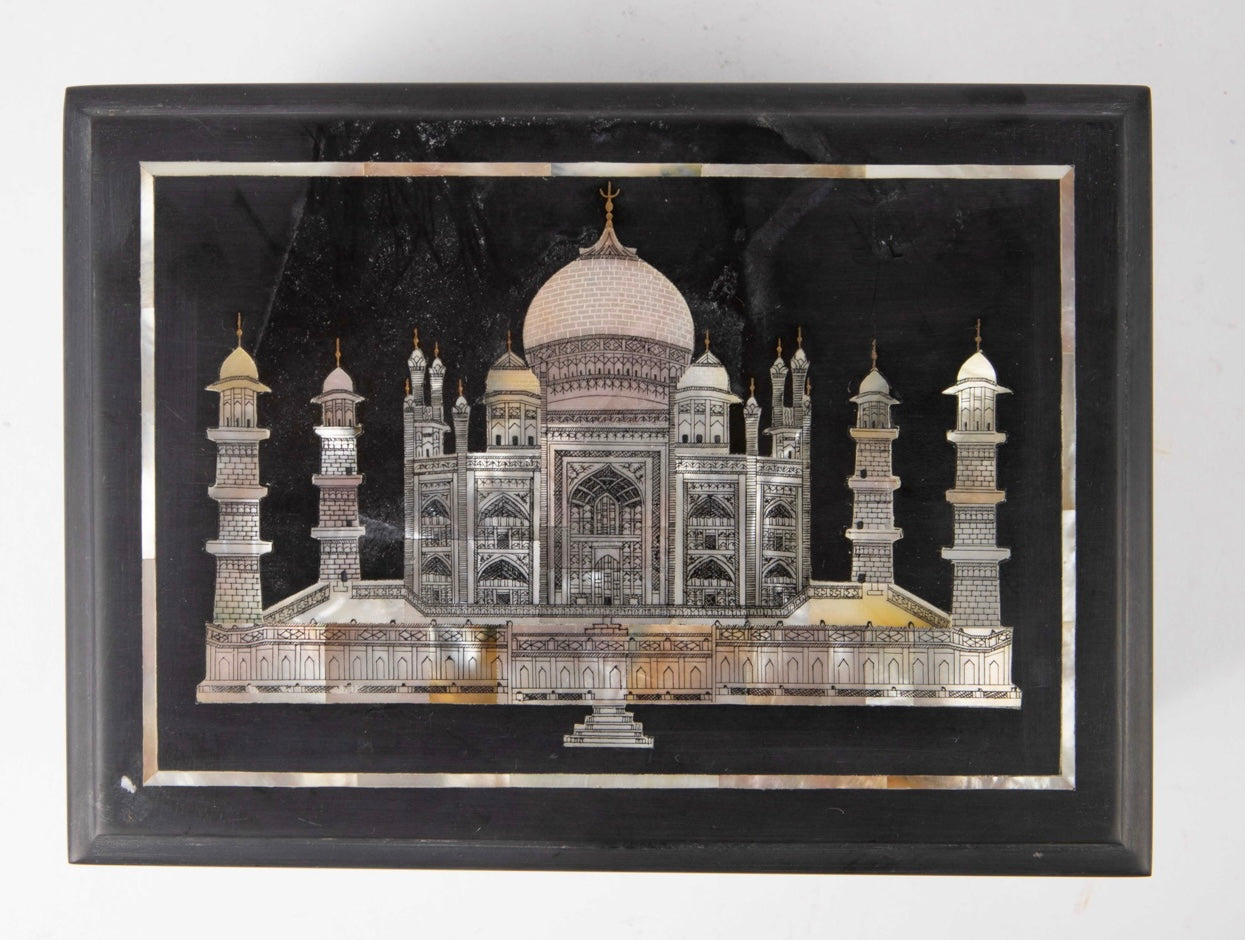 Vintage Taj Mahal stone decorative box by Ozmun Home, featuring intricate carvings and a classic design.
