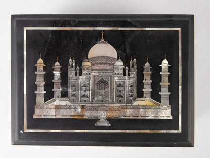 Vintage Taj Mahal stone decorative box by Ozmun Home, featuring intricate carvings and a classic design.