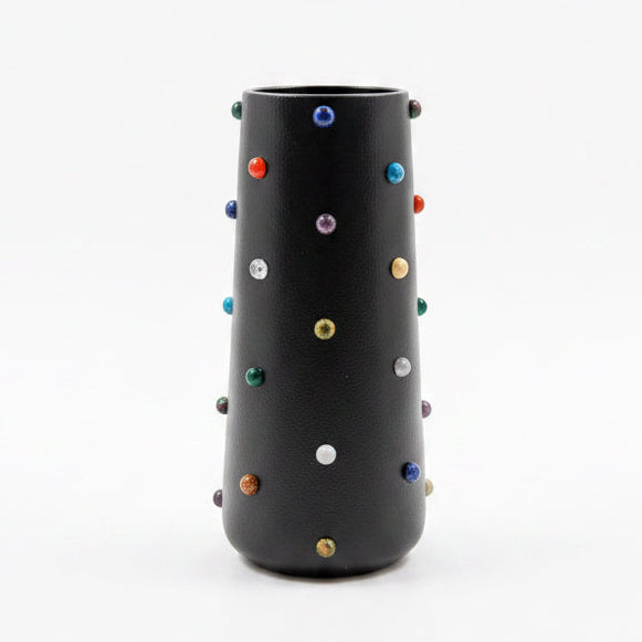 The Vault Creative P. Grunsfeld 8-inch multi-stone vase with a textured, colorful design on a white background.