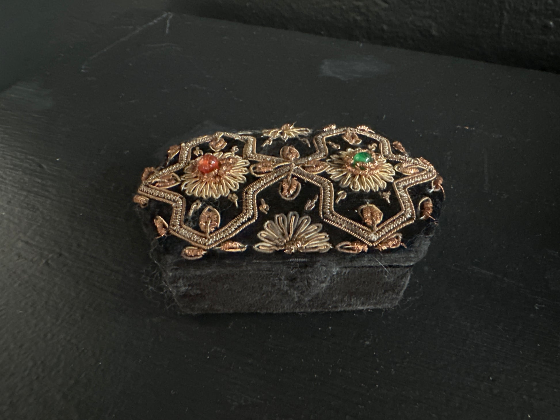 French velvet embroidered box by The Vault Creative, showcasing intricate embroidery and luxurious velvet fabric.