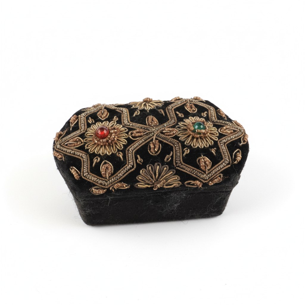 French velvet embroidered box by The Vault Creative, featuring intricate embroidery and a luxurious velvet finish.
