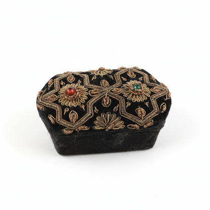 French velvet embroidered box by The Vault Creative, featuring intricate embroidery and a luxurious velvet finish.