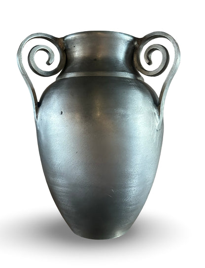 Cast metal urn vase by Ozmun Home featuring a classic design, with a smooth, rounded body and decorative base.