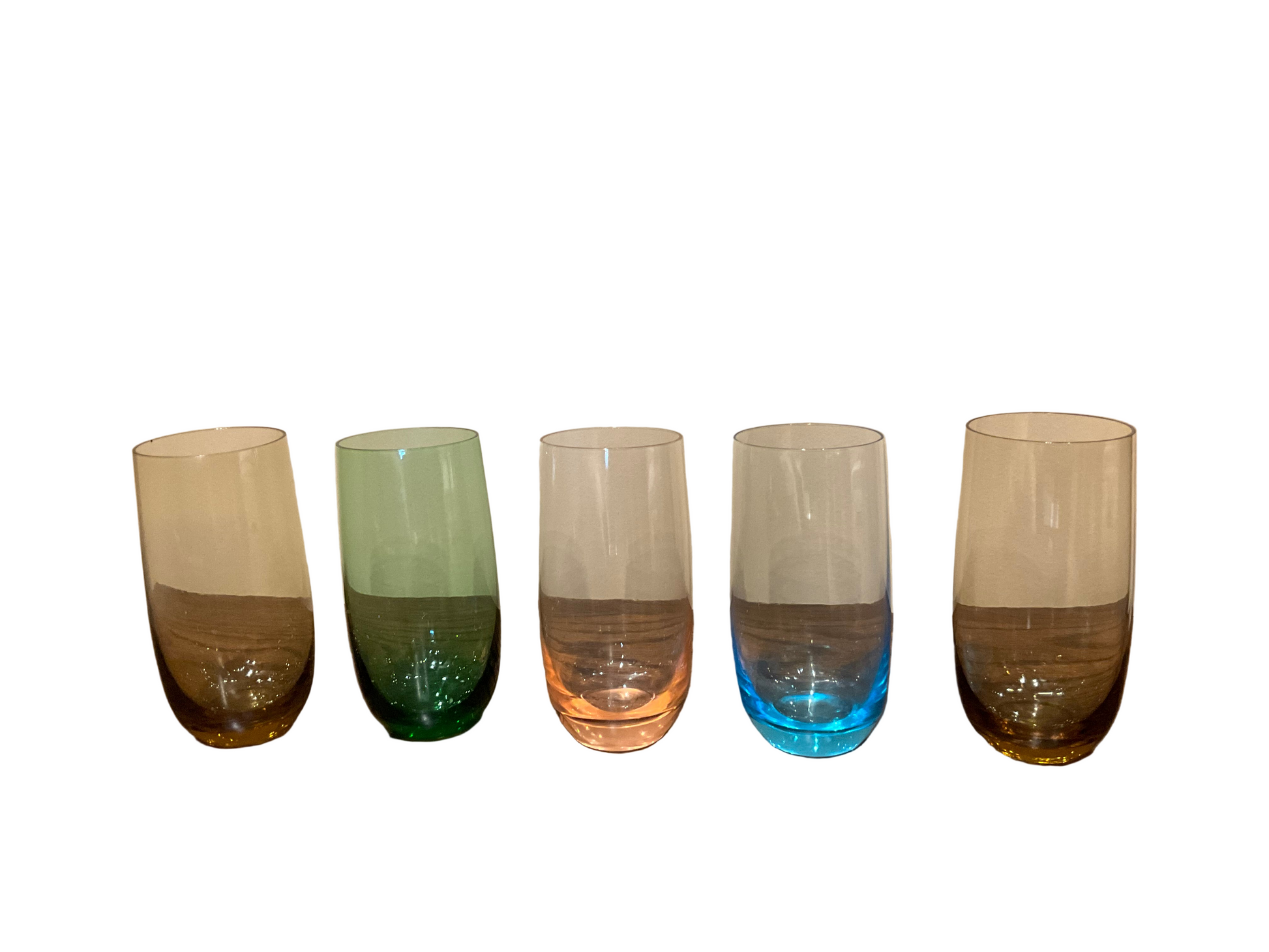 Five tall colored drinking glasses from The Vault Creative, featuring vibrant hues and clear glass construction.