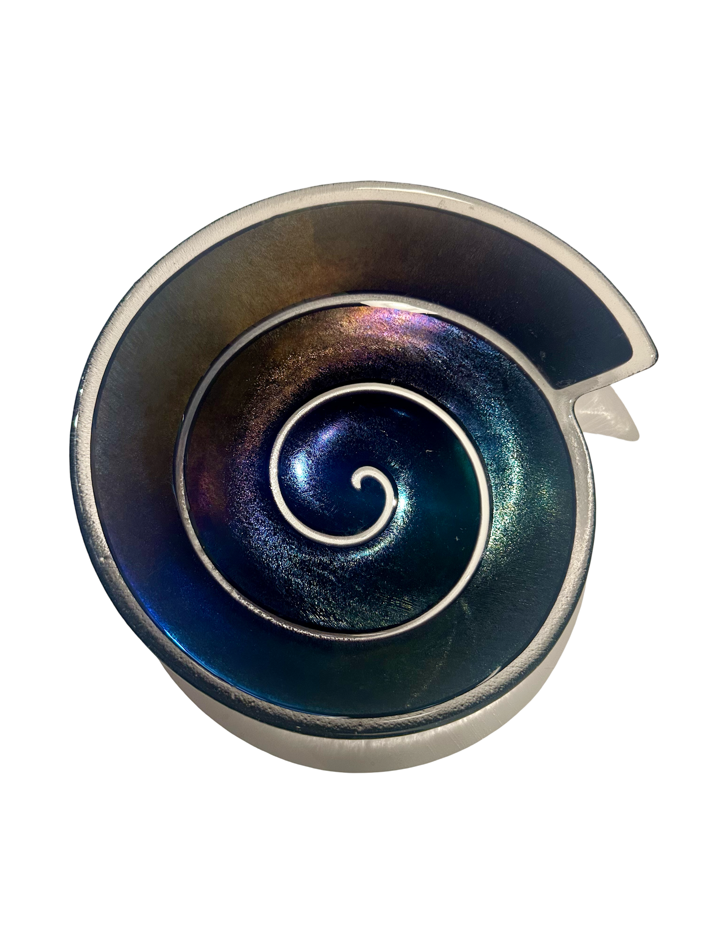 Swirly Carnival Glass Platter vase by Ozmun Home featuring a colorful, swirling glass design with a smooth, rounded shape.
