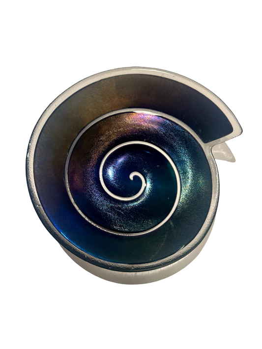 Swirly Carnival Glass Platter vase by Ozmun Home, featuring a colorful, swirled glass design with a wide opening and decorative pattern.