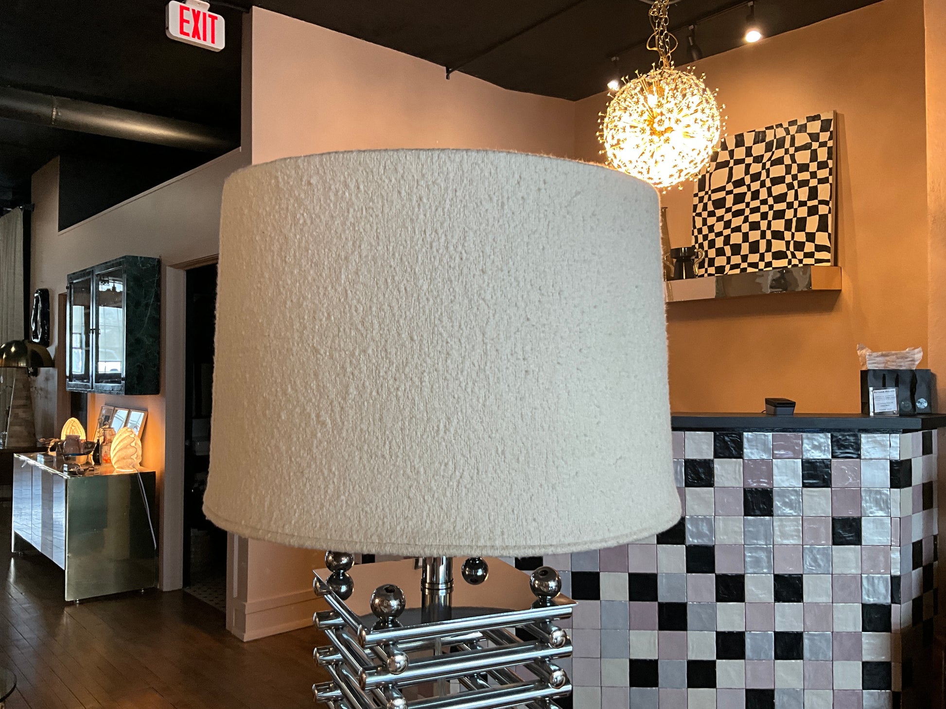 Custom boucle shade from Stone Textile Studio featuring textured fabric and a stylish, modern design.