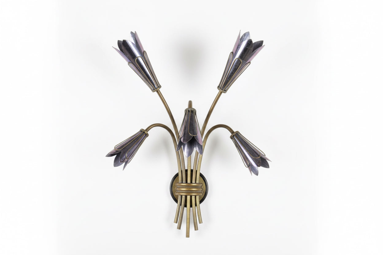 Pair of vintage French flower sconces with ornate metal design and floral accents, perfect for antique-inspired decor.