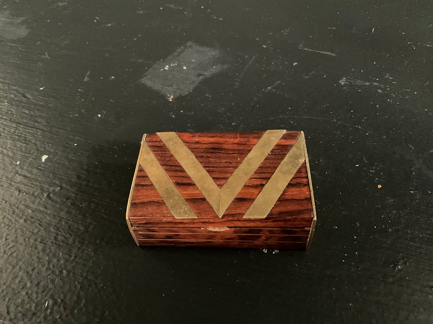 French brass inlay mini box with intricate design and polished finish, crafted by The Vault Creative.