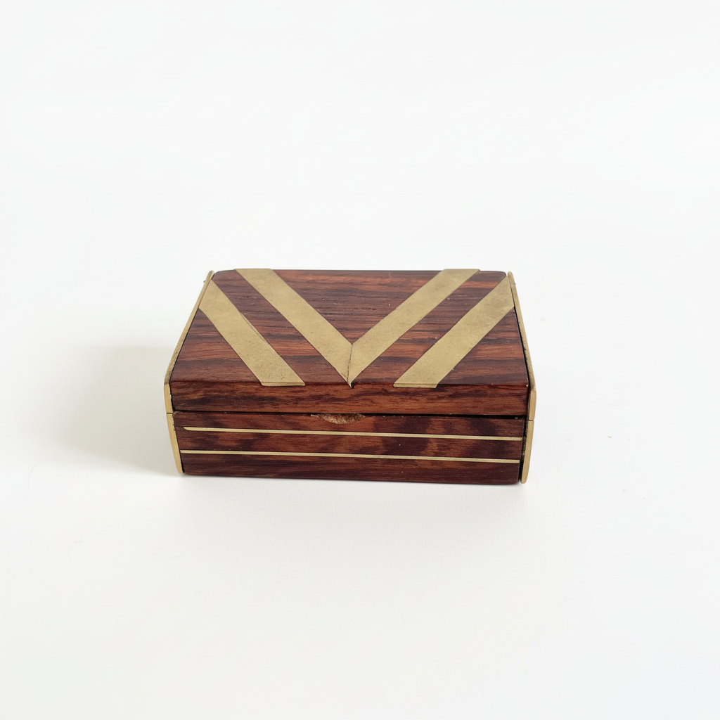 French brass inlay mini box from The Vault Creative showing detailed brass inlay design on a small decorative storage box