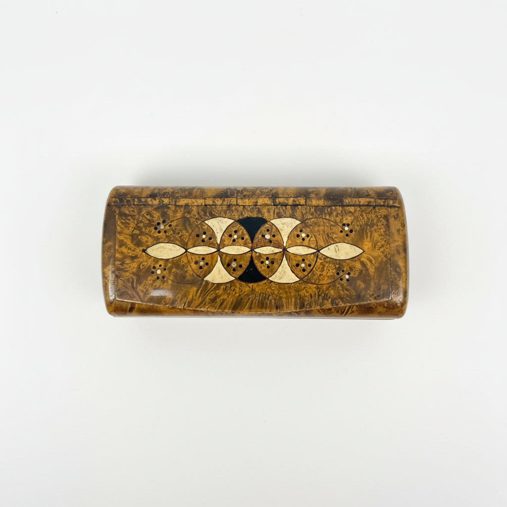 French Wood Inlay Box by The Vault Creative featuring intricate wood inlay design and polished wooden surface.