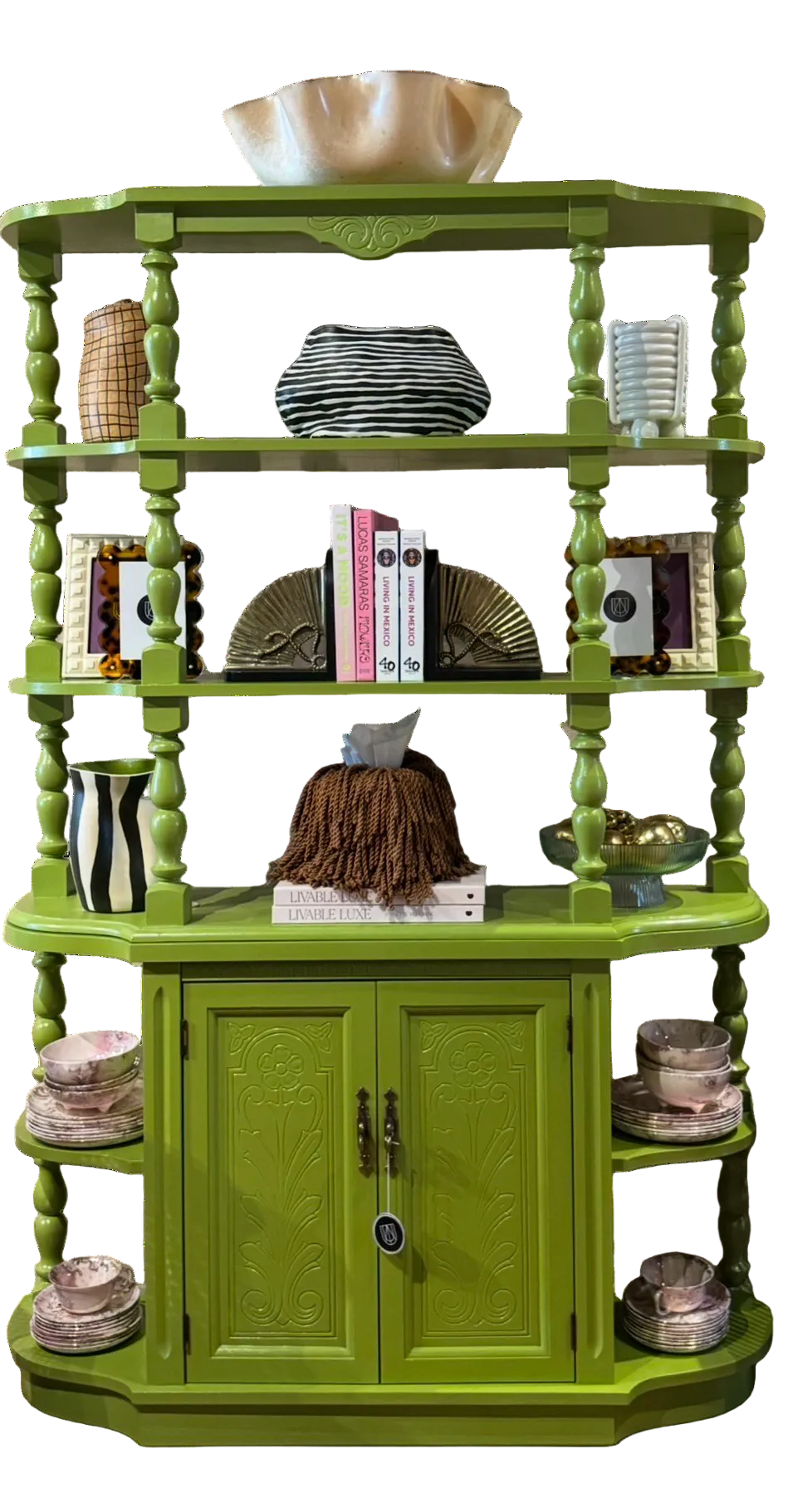 Acid green 70’s style cabinet casepiece by The Vault Creative with sleek modern design and vintage-inspired details.