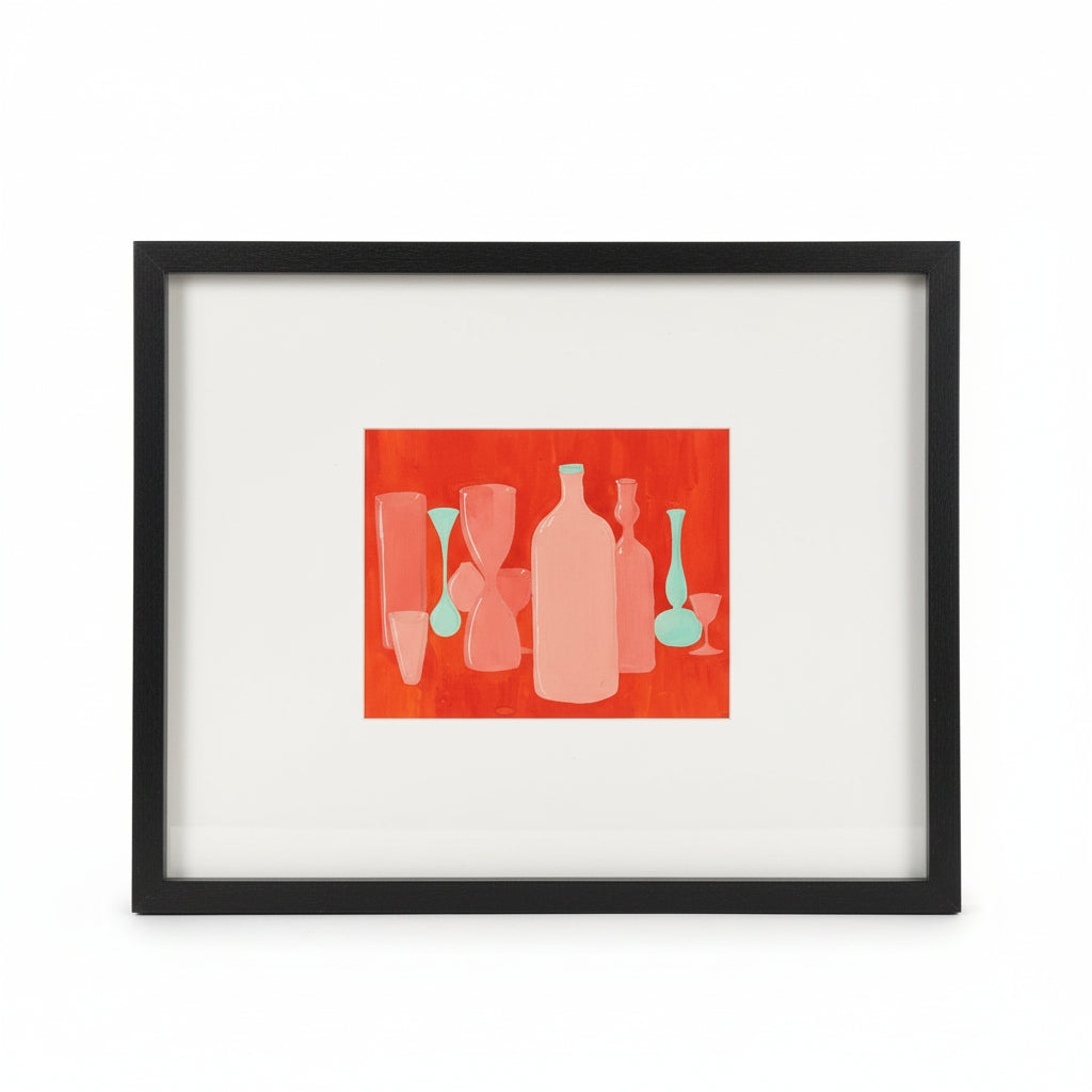 French orange bottles still life by The Vault Creative showcasing vibrant orange glass bottles arranged artistically.