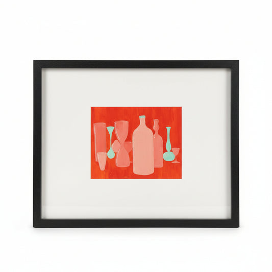 French orange bottles still life by The Vault Creative showcasing vibrant orange glass bottles arranged artistically.