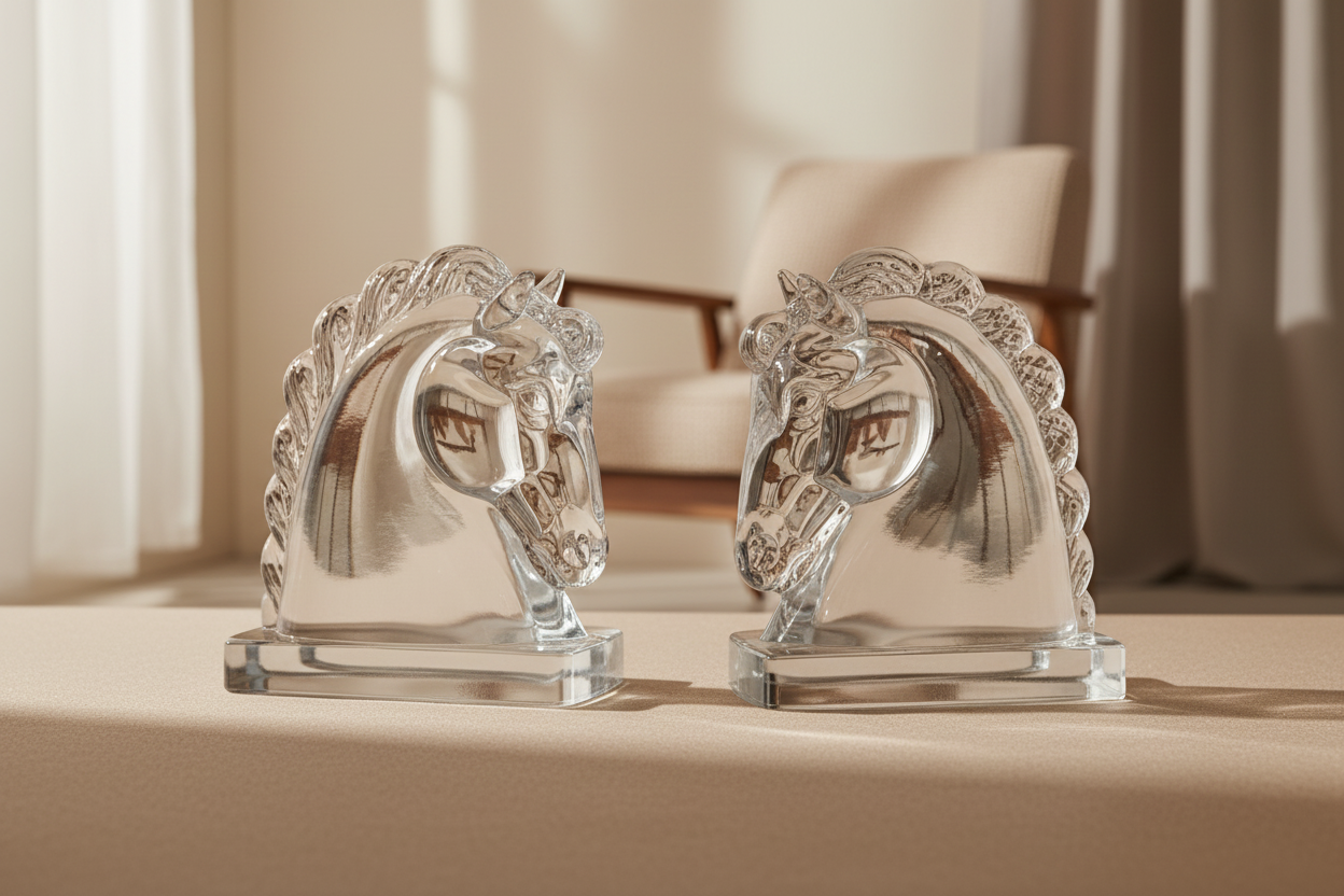 Glass horse bookends by The Vault Creative featuring elegant, transparent horse-shaped design to hold books securely.