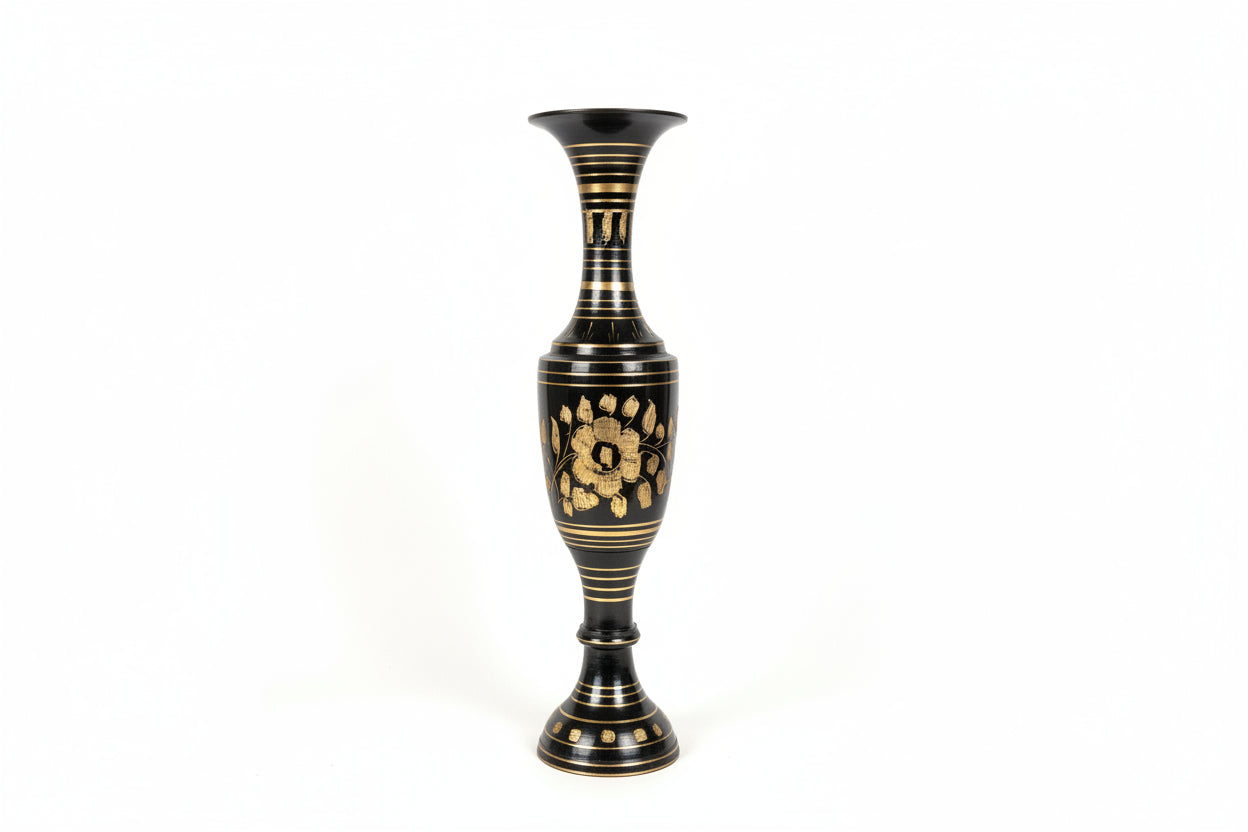 Hand engraved metal vintage vase with intricate patterns, showcasing detailed craftsmanship and antique-inspired design.