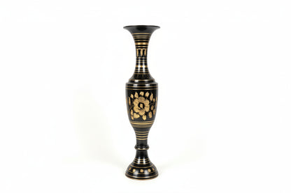 Hand engraved metal vintage vase with intricate patterns, showcasing detailed craftsmanship and antique-inspired design.
