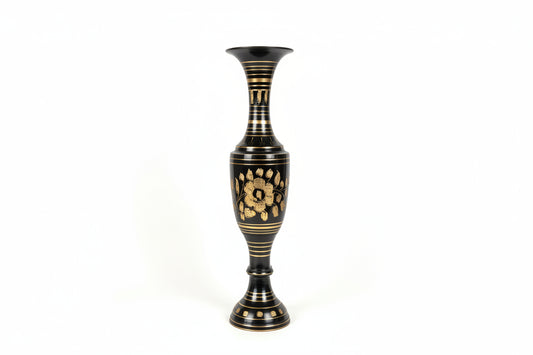 Hand engraved metal vintage vase with intricate patterns, showcasing detailed craftsmanship and antique-inspired design.