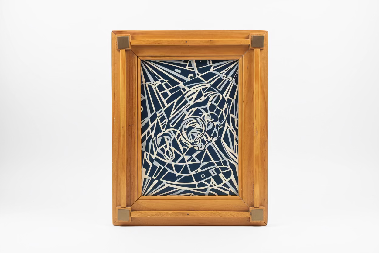 French geometric abstract art by The Vault Creative featuring bold shapes and colors in a wooden frame.