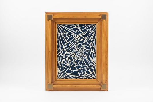 French geometric abstract art by The Vault Creative featuring bold shapes and colors in a wooden frame.