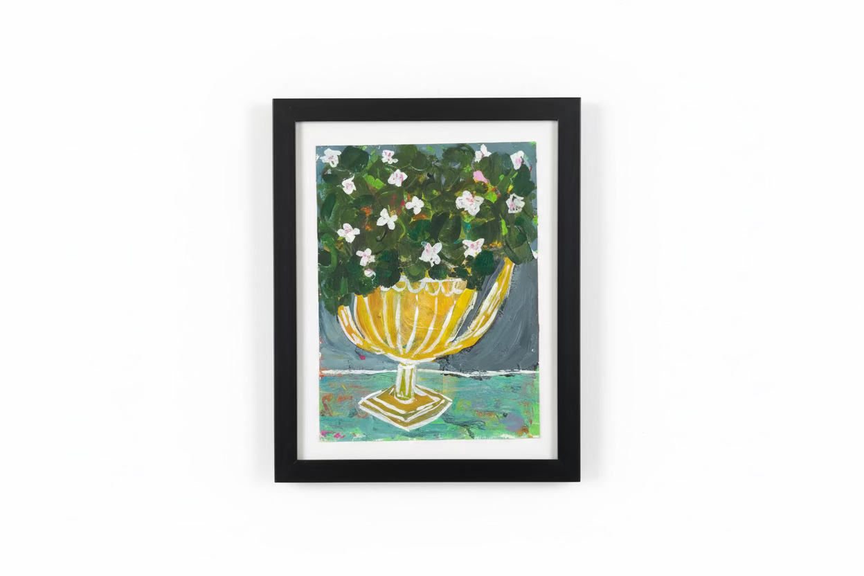 Colorful flower painting on a vase by The Vault Creative, showcasing vibrant blooms and detailed brushwork in a decorative art piece.