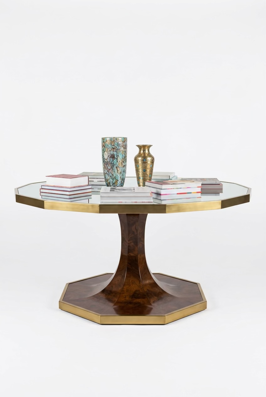 Vintage brass tulip table with a glass top, showcasing elegant brass legs and a sleek glass surface, by The Vault Creative.
