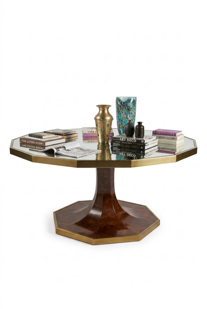 Vintage brass tulip table with glass top, showcasing sleek brass legs and a clear glass surface, by The Vault Creative.
