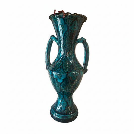 Vintage Moroccan teal ceramic vase by The Vault Creative with intricate patterns and a glossy finish.