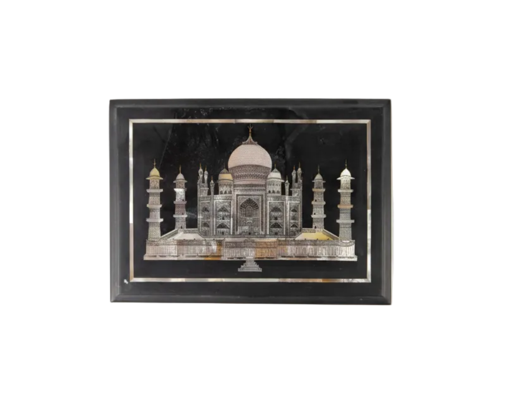 Vintage Taj Mahal stone decorative box by Ozmun Home, featuring intricate carvings and traditional Indian design.