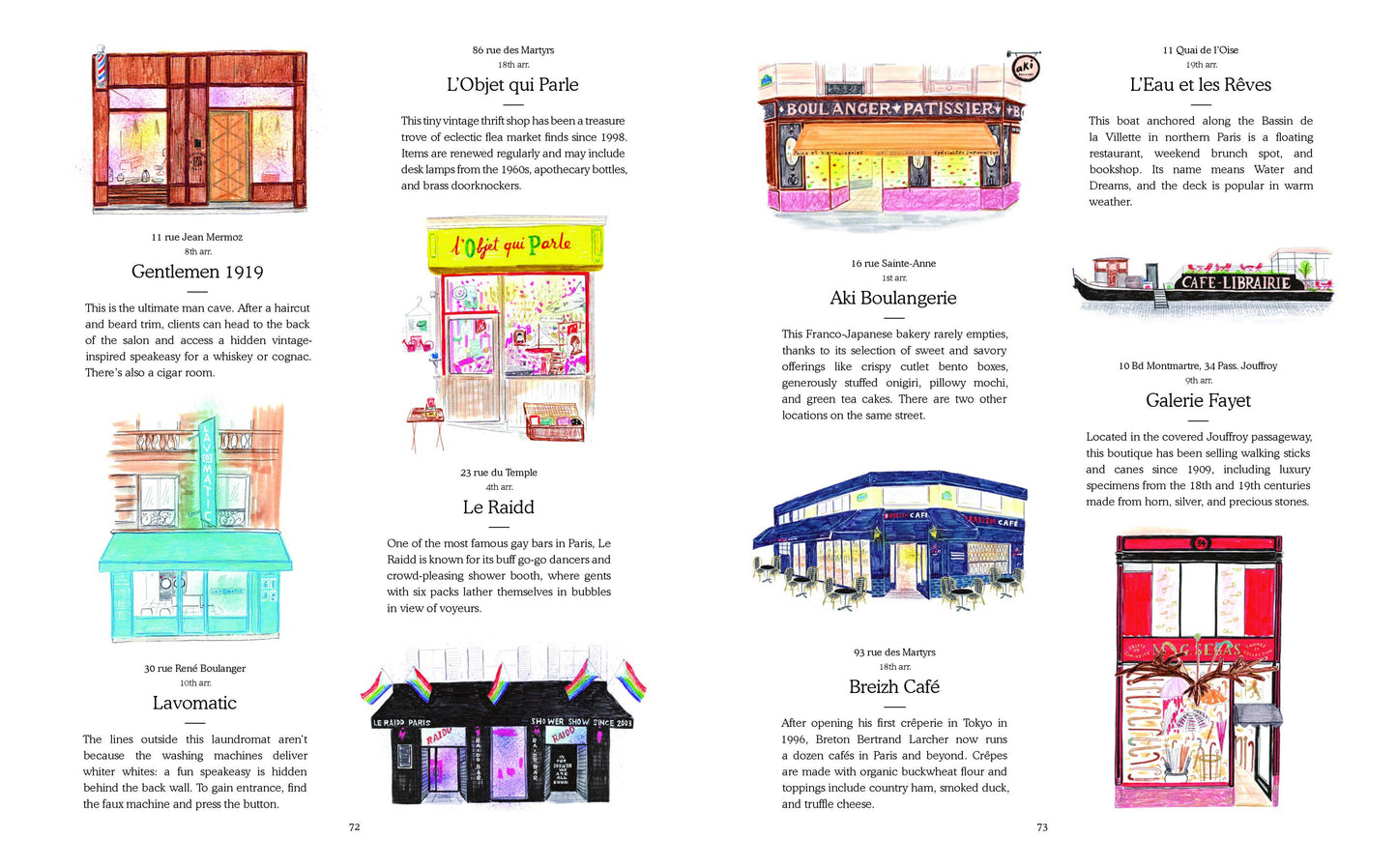 Colorful Paris shopfronts with charming storefronts and signage, capturing the vibrant street scene in a classic Parisian setting.