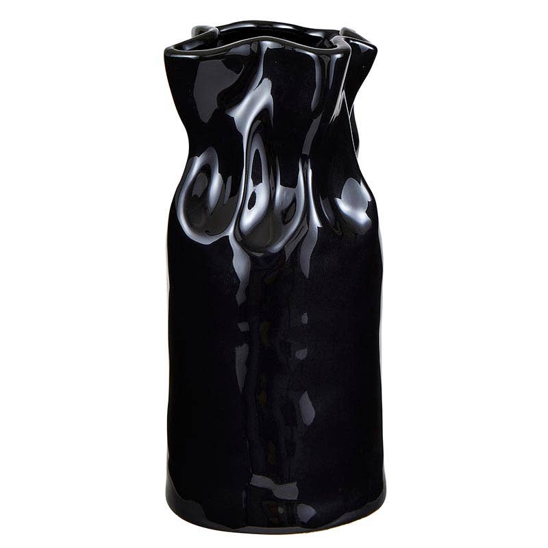 Glossy black ceramic vase with a cinched design from ST x OH, ideal for modern home decor.