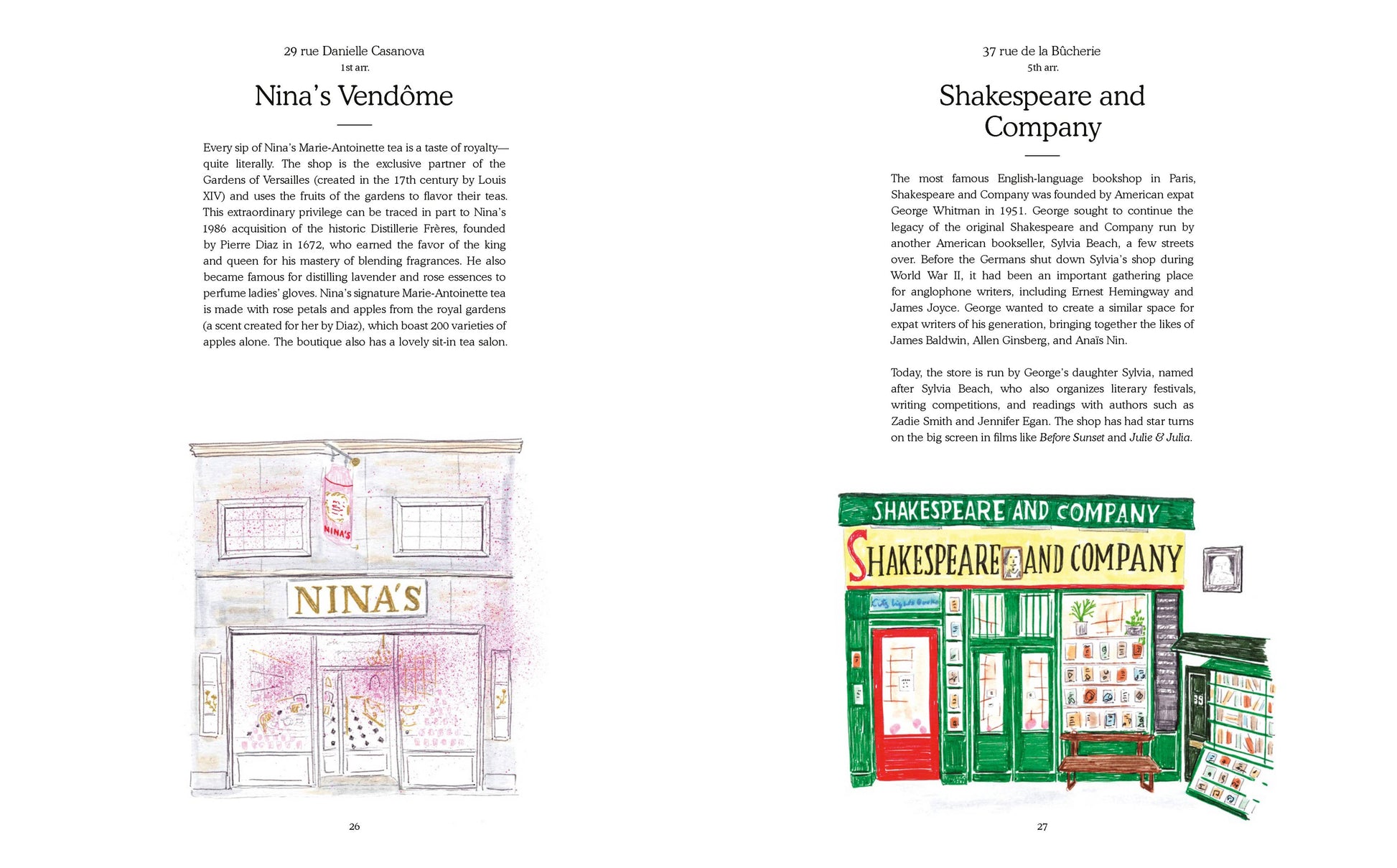 Historical Paris shopfronts featuring classic architecture and vibrant storefronts in a detailed illustration.