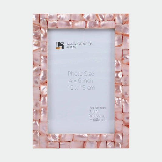 Pink mother of pearl picture frame in three sizes, featuring intricate inlay work and elegant design by Muqeem & Brothers.