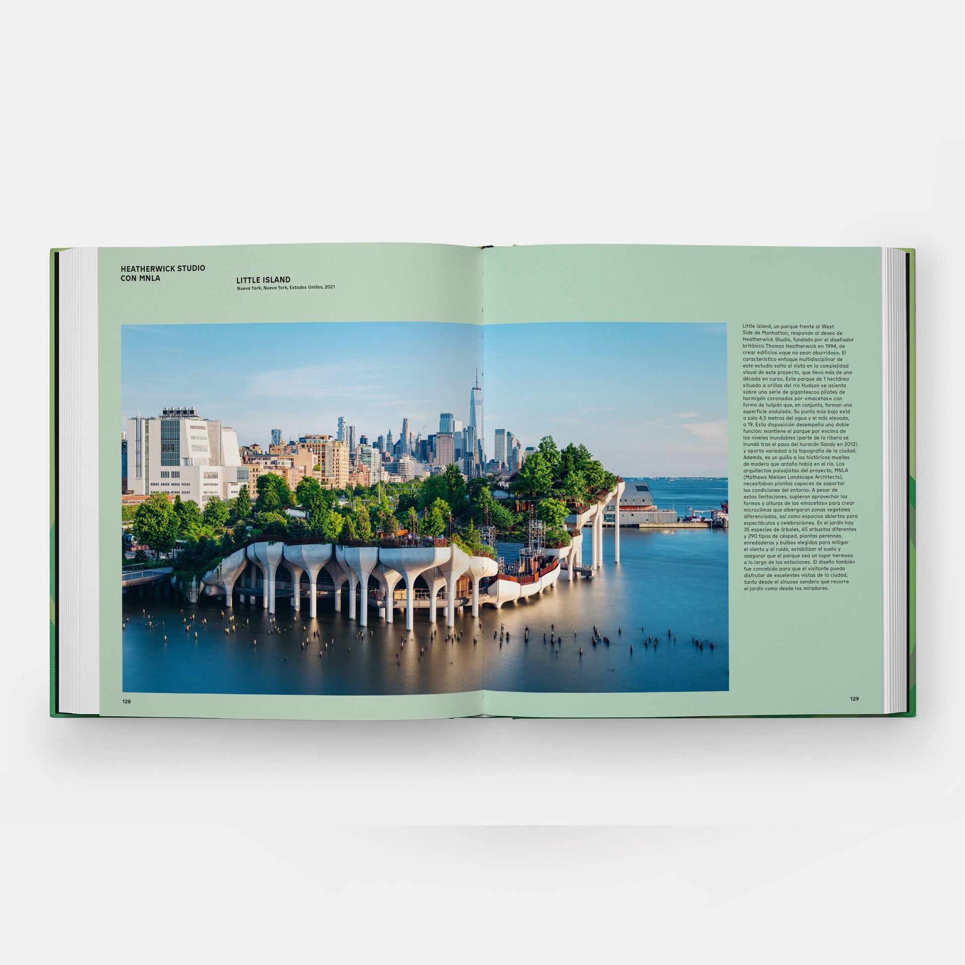 Open book titled "The Contemporary Garden" by Phaidon showing vibrant garden photos and modern landscape design illustrations.