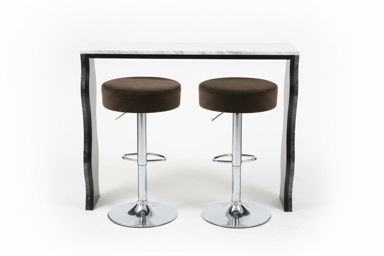 Pair of vintage French 1970s stools by Stone Textile Studio with wooden legs and fabric seats, stylish retro seating for any space